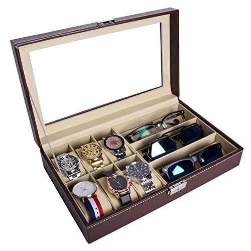 AUTOARK Leather 6 Watch and 3 Eyeglasses&Sunglasses Box with Jewelry Display Case Organizer,Mens Women Storage Holder Boxes,Glass Top,Brown,AWU-020