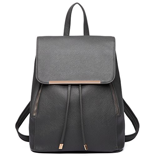 Miss Lulu Backpack Womens with Long Purse Fashion Backpacks Dark Grey Backpack Ladies PU Leather Waterproof Daypack Medium School Work Travel