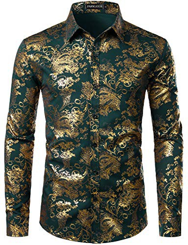 PARKLEES Men's Luxury Paisley Gold Shiny Printed Stylish Slim Fit Button Down Dress Shirt