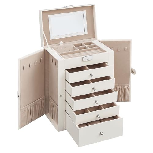 SONGMICS Jewellery Box 6 Tiers, Jewellery Case with 5 Drawers, Large Storage Capacity, with Mirror, Lockable, Jewellery Storage Organiser, Gift for Loved Ones, for Watches, Cloud White JBC152W01