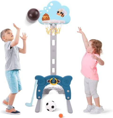 Basketball Hoop Stand Set for Kids 5in1 Sports Activity Center Adjustable Height from 45'' to 60'' Easy Score Basketball Football Golf Ring Toss Game Indoor Outdoor for Toddlers Boys Girls 