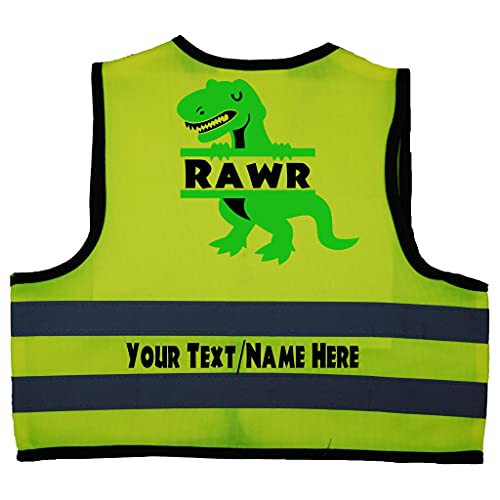 Acce Products RAWR Personlised Dinosaur Baby, Toddler, Children, Kids Hi Vis Safety Jacket Vest Size 0-12 Months Yellow Optional Text On Front