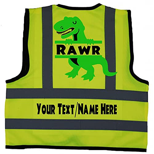 Acce Products RAWR Personlised Dinosaur Baby, Toddler, Children, Kids Hi Vis Safety Jacket Vest Size 1-2 Years Yellow Optional Text On Front