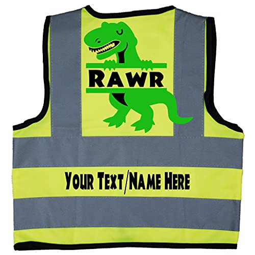 Acce Products RAWR Personlised Dinosaur Baby, Toddler, Children, Kids Hi Vis Safety Jacket Vest Size 7-9 Years Yellow Optional Personalised On Front