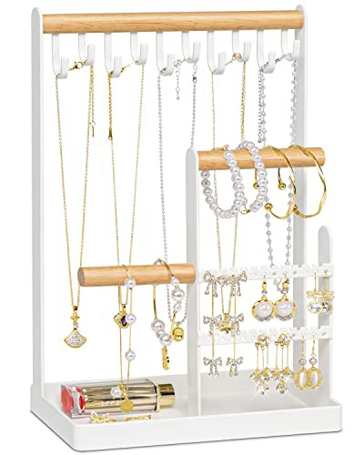 metwoods Jewellery Organiser Stand-4 Tier Earring Organiser Necklace Holder, Jewellery Display Stand Holder with Metal Storage Tray, for Necklace Bracelet Rings Watches, Gifts for Women Girls 