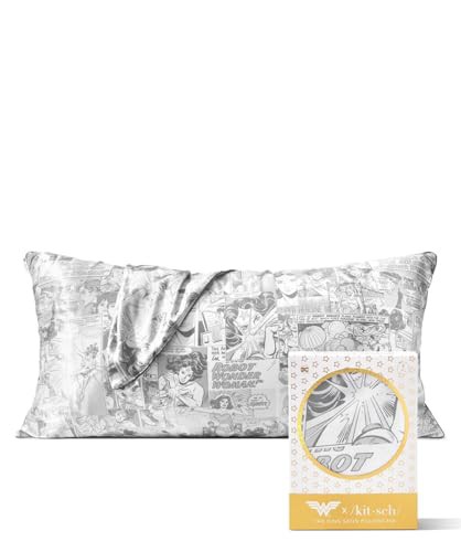 Kitsch x Wonder Woman Satin Pillowcase with Zipper for Hair & Skin, Softer Than Silk Pillow Cases King, Cooling Pillow Covers, Machine Washable Wrinkle-Free, Satin Pillow Cases King 19x36, Comic Print