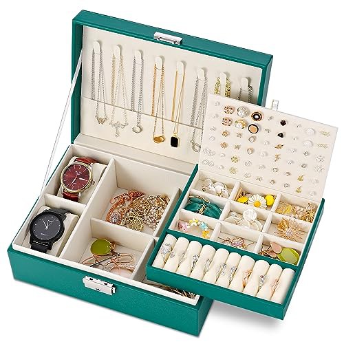 E-MANIS Jewelry Box,Jewelry Boxes for Women Girls 2 Layers Jewelry Organizer Box PU Leather Travel Jewelry Case with Lock Jewelry Storage Box Removable Tray for Rings Earrings Necklace Watches 