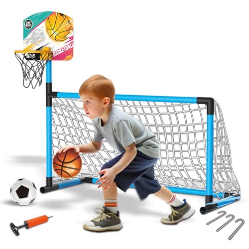 xwin sportseries 2 in 1 Football Goal Basketball Stand for Children, Sports Equipment with Net, Ball and Pump, Kids Soccer Goal with Basketball Hoop for Boys and Girls Outdoor Indoor Activities Toy