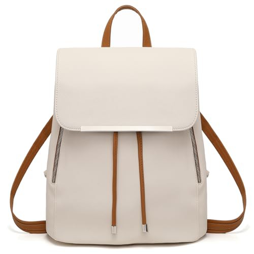 Miss Lulu Backpack Womens Fashion Backpacks Beige&Brown Backpack Ladies PU Leather Waterproof Daypack Medium School Work Travel