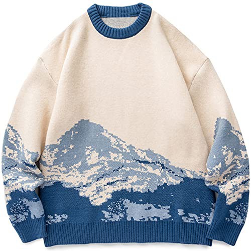 Men's Jumpers - Men Hip Hop Streetwear Harajuku Sweater Vintage Japanese Style Snow Mountain Knitted Sweater Winter Casual Pullover Knitwear