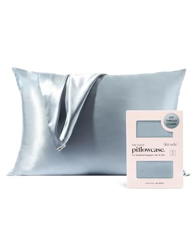 Kitsch Satin Pillowcase with Zipper, Softer Than Real Silk Pillow Cases, Standard Size 19x26 Inches, Breathable Smooth Cooling Pillow Covers for Hair with 600 Thread Count 
