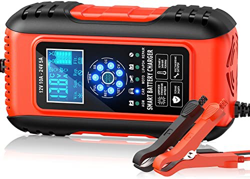 10Amp Car Battery Charger, 12V/24V Car Battery Charger,7-Stage Charging Automotive Smart LCD Screen Battery Charger Maintainer/Pulse Repair Charger Pack for Car, Motorcycle, Lead Acid Batteries & AGM