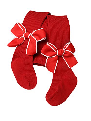 YILEEGOO Baby Toddler Girls Tights Rib Knit Pantyhose With Velvet Bows Chritsmas Valentine's Day Leggings Pants Infant Stockings