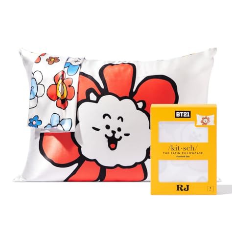 BT21 x Kitsch Satin Pillowcase with Zipper Closure, Softer Than Mulberry Silk Pillow Cases Standard Size 1 Pack, Smooth Cooling Pillow Covers Queen for Hair, Skin Health & Beauty Sleep 