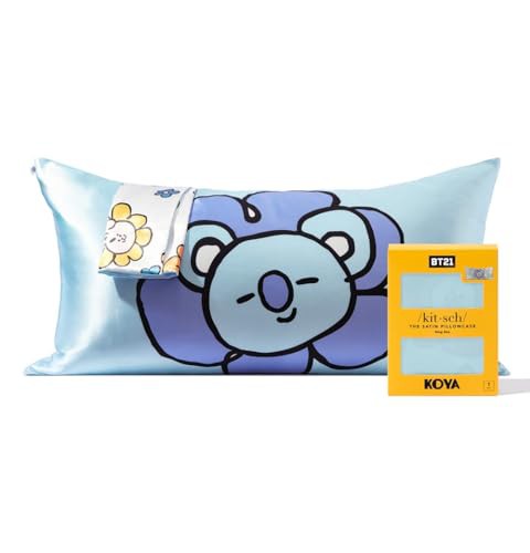 Kitsch x BT21 Satin Pillowcase with Zipper for Hair and Skin, Softer Than Silk Pillow Cases King, Cooling Pillow Covers, Machine Washable, Wrinkle-Free, Smooth Satin Pillow Cases King Size 19x36, Koya