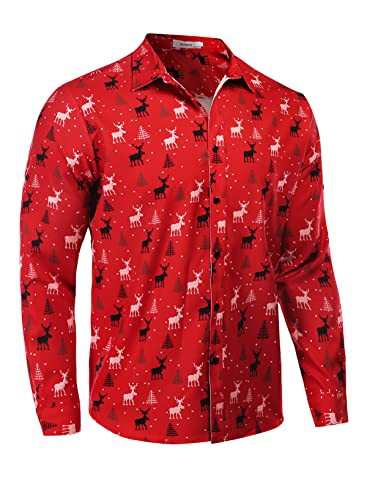 AUDATE Men's Fun Christmas Shirts Santa Claus Shirts Long Sleeve Button Casual Shirts