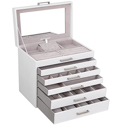SONGMICS Jewellery Box, Jewellery Organiser, Large Jewellery case, with 6 Layers and 5 Drawers, White JBC138