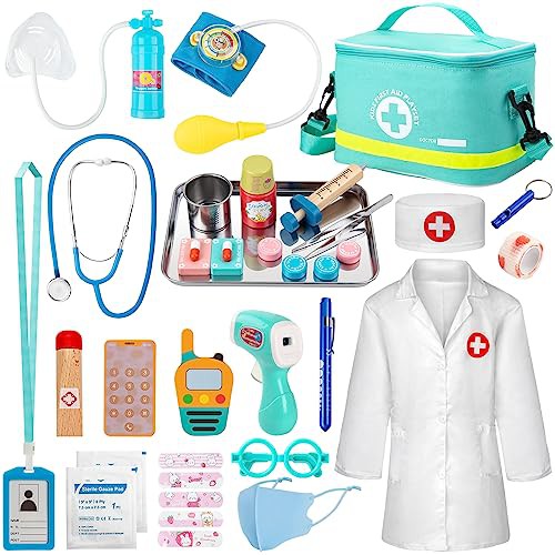 Sundaymot Doctors Set for Kids, 34 Pcs Kids Doctors Wooden Kit, with Real Stethoscope Portable Doctors Bag and Syringe, Role Play Toys Doctor Set for Kids 3+ Year Old
