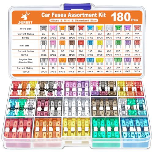 JOREST 180Pcs Car Fuses Assorted Kit, 60 Mini Blade Car Fuse + 60 Standard Fuse Automotive + 60 Micro Fuse + Fuse Puller –11 Specifications Mixed Auto Fuse