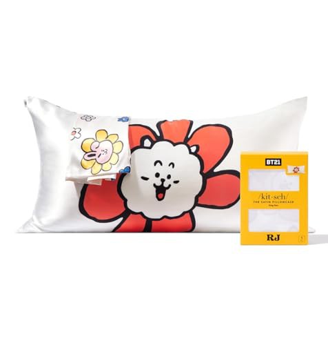 Kitsch x BT21 Satin Pillowcase with Zipper for Hair and Skin, Softer Than Silk Pillow Cases King, Cooling Pillow Covers, Machine Washable, Wrinkle-Free, Smooth Satin Pillow Cases King Size 19"x36", RJ