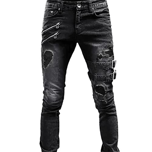 Men Skinny Fit Biker Jeans Destroyed Knee Holes Regular Slim Fit Tapered Stretch Fashionable Super Comfy Cotton Denim Jeans