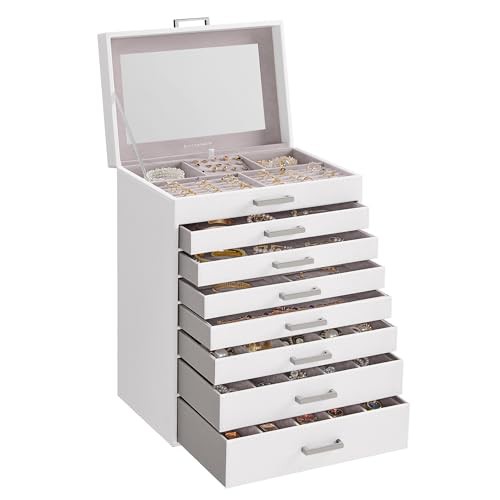 SONGMICS Jewellery Box, 8-Tier Jewellery Organiser, Large Jewellery Case with Big Mirror, 7 Drawers, Large Capacity, Jewellery Storage, Modern Style, Gift for Loved Ones, Cloud White JBC008W02