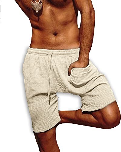 NANAMEEI Men's Summer Casual Cotton Shorts Mens Cotton Shorts with Pockets Mens Drawstring Shorts