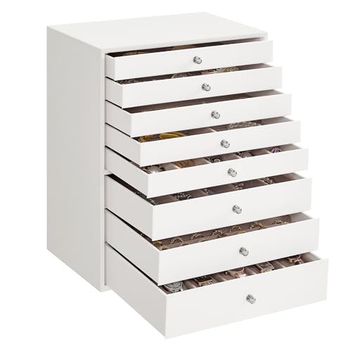 SONGMICS Jewellery Box, 8-Tier Jewellery Organiser with Drawers, Large Capacity, Jewellery Storage, Modern Style, Gift for Loved Ones, Cloud White JBC008W01