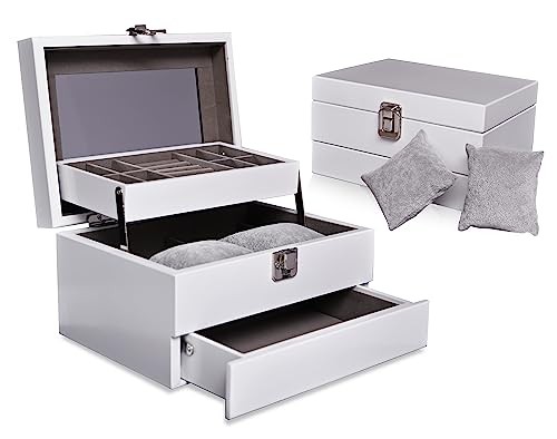 Elegant 3-Layer Wooden Jewelry Organizer Box with Mirror - Spacious Storage for Watches, Necklaces, Earrings, Rings and Bracelets - with 2 Watch Pillows, White Durable Drawers - Gift for Women