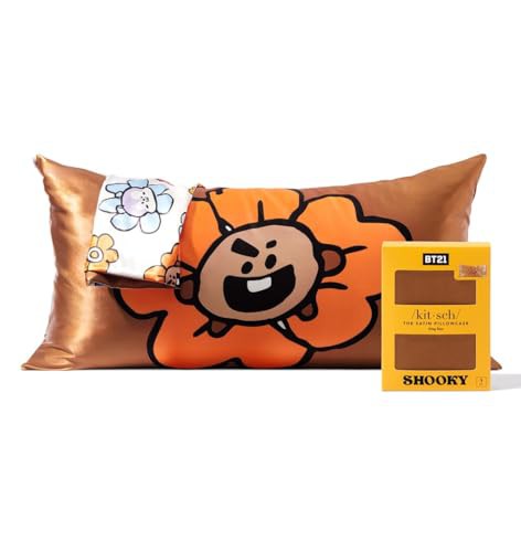 Kitsch x BT21 Satin Pillowcase with Zipper for Hair & Skin, Softer Than Silk Pillow Cases King, Cooling Pillow Covers, Machine Washable, Wrinkle-Free, Smooth Satin Pillow Cases King Size 19x36, Shooky