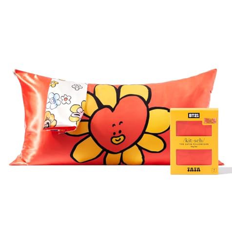 Kitsch x BT21 Satin King Pillowcase with Zipper for Hair and Skin, Softer Than Silk, Machine Washable, Wrinkle Free, Cooling Satin Pillow Covers, King Size 48 x 91 cm, Figure