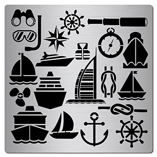 GORGECRAFT 6.3 Inch Metal Nautical Stencil Stainless Steel Ocean Anchor Lighthouse Painting Reusable Template Journal Tool for Painting, Wood Burning, Pyrography and Engraving