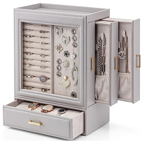 Vlando Large Jewellery Organiser with Glass Window Jewellery Box for Necklaces Earrings Rings Bracelets Watches Jewellery Storage Case Christmas for Women Girls