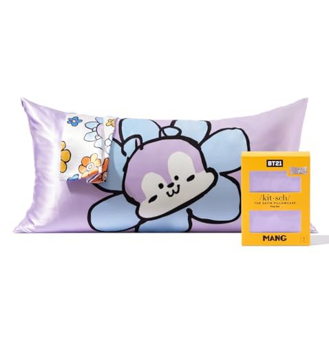 Kitsch x BT21 Satin Pillowcase with Zipper for Hair and Skin, Softer Than Silk Pillow Cases King, Cooling Pillow Covers, Machine Washable, Wrinkle-Free, Smooth Satin Pillow Cases King Size 19x36, Mang