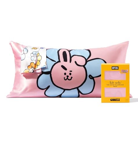 Kitsch x BT21 Satin Pillowcase with Zipper for Hair & Skin, Softer Than Silk Pillow Cases King, Cooling Pillow Covers, Machine Washable, Wrinkle-Free, Smooth Satin Pillow Cases King Size 19x36, Cooky