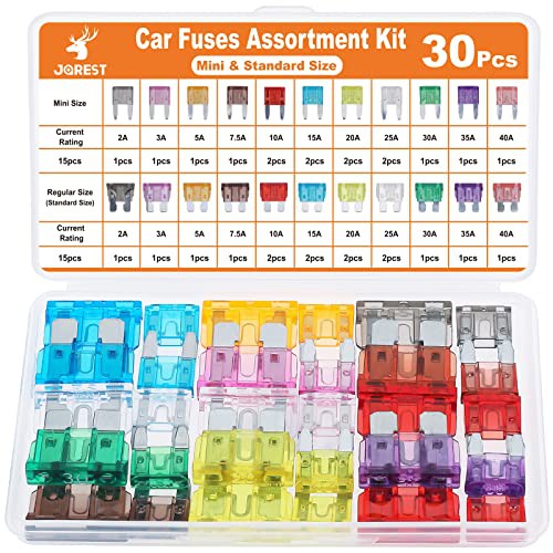JOREST 30Pcs Mini & Standard Car Fuse Assortment Kit, 15 Mini Blade Fuses Automotive + 15Standard Auto Fuses - for Car/RV/Truck/Motorcycle