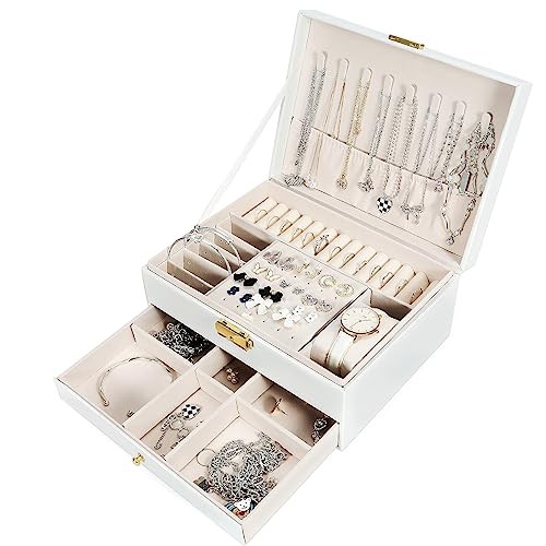 Leerweii Jewellery Box Organiser, 2 Level PU Leather Jewellery Organiser for Girls Women with Drawer and Watch Pillow Large Jewellery Box for Earrings Rings Necklaces Watches Bracelets, White