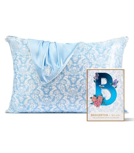 Bridgerton x Kitsch Satin Pillowcase with Zipper Closure, Softer Than Pure Silk Pillow Cases Queen, 19x26in Silky Smooth Pillow Covers for Hair, Cooling Pillow Cases Standard Size, Toile de Blue, 1 Pc