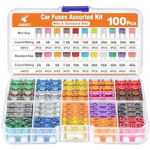 JOREST 100Pcs Car Fuse Assorted Kit, 56 Mini Blade Fuses + 44 Standard Fuses Automotive + 1 Fuse Puller – 11 Specifications Mixed Auto Fuse for Car/Caravan：2Amp 3A 5A 7.5A 10A 15A 20A 25A 30A 35A 40A