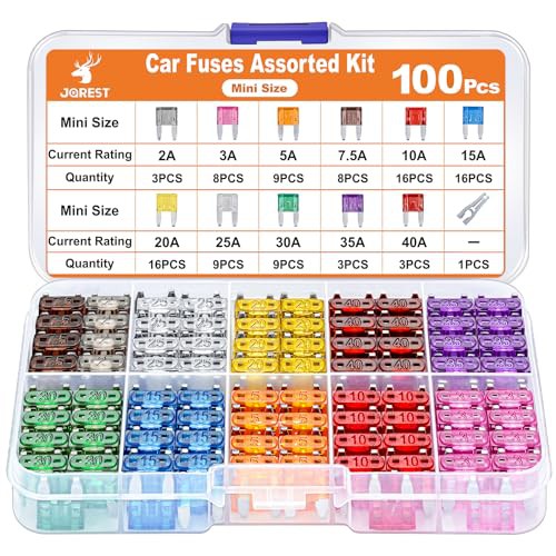 JOREST 100Pcs Car Fuse Kit - Mini Blade Fuses Automotive + 1 Auto Fuse Puller - 11 Specifications Mixed Auto Fuse for Car/Caravan/Truck/Motorhome 