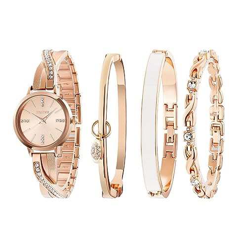 TIME100 Women's Bangle Watch and Rose Gold Watch Chain Bracelets Premium Crystal Accented Bracelet Set