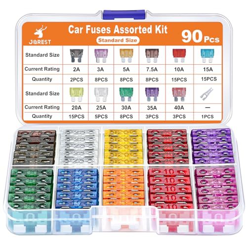 JOREST 90Pcs Car Fuse Kit - Standard Blade Fuses Automotive + 1 Auto Fuse Puller - 11 Specifications Mixed Auto Fuse for Car/Caravan/Truck/Motorhome 