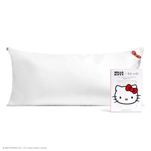 Kitsch Hello Kitty Satin Pillowcase with Zipper for Hair, Softer Than Silk Pillow Cases King, Cooling Pillow Covers, Machine Washable Wrinkle-Free, Satin Pillow Cases King 19x36, Solid Ivory Kitty Bow