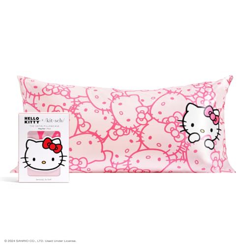 Kitsch x Hello Kitty Satin Pillowcase with Zipper for Hair, Softer Than Silk Pillow Cases King, Cooling Pillow Covers, Machine Washable Wrinkle-Free, Satin Pillow Cases King 19"x36", Pink Kitty Faces