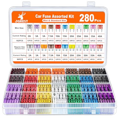 JOREST 280 Pcs Car Fuse Assortment Kit, 182 Mini Blade Fuses Automotive + 98 Standard Auto Fuses + 1 Fuse Puller – for Car/RV/Truck/Motorcycle/Boat 