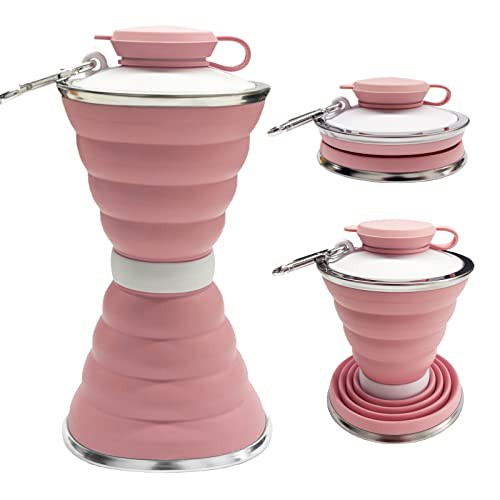 SAKUUMI Collapsible Water Bottle, 500ml Silicone Portable Travel Water Bottle with Carabiner and Strap Leak-Proof Reusable Foldable Cup for Sports Gym Camping Hiking Cycling Outdoor Activities, Pink