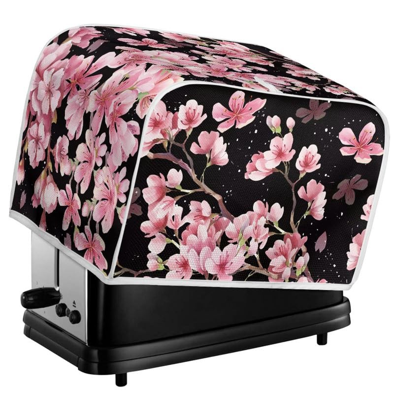 Kuiaobaty Pink Cherry Flower Toaster Cover 2 Slice, Floral Kitchen Small Appliance Dust Cover Black Toaster Oven Dustproof Cover