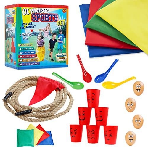 Outdoor Games for Kids and Adults 6 in 1 or 3 in 1, PE Sports Day Sack Race Flying Disc Tug of War Throwing Bean Bags Tin Can Alley Egg and Spoon Race Ring Toss 