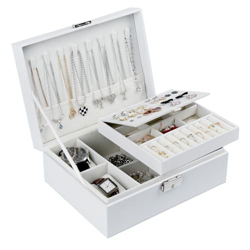 Leerweii Jewellery Box for Women Girls, 2-Layer PU Leather Jewellery Organiser with 2 Watch Pillows Travel Jewellery Box with Removable Tray for Earrings Rings Necklaces Watches Bracelets, White