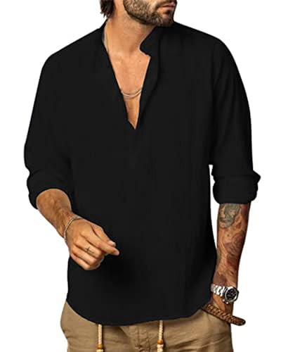 YAOHUOLE Men’s Cotton Linen Shirt Long Sleeve Casual Henley Collarless Grandad Shirts Tops Summer Beach Tops